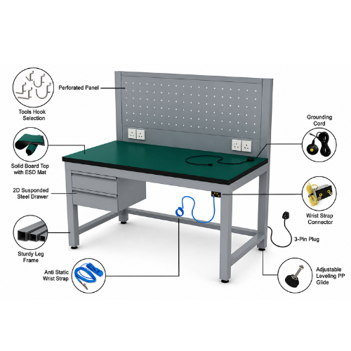 Bàn thao tác ESD Wilsonart có bảng treo và hộc 2 ngăn kéo CKSG-6226